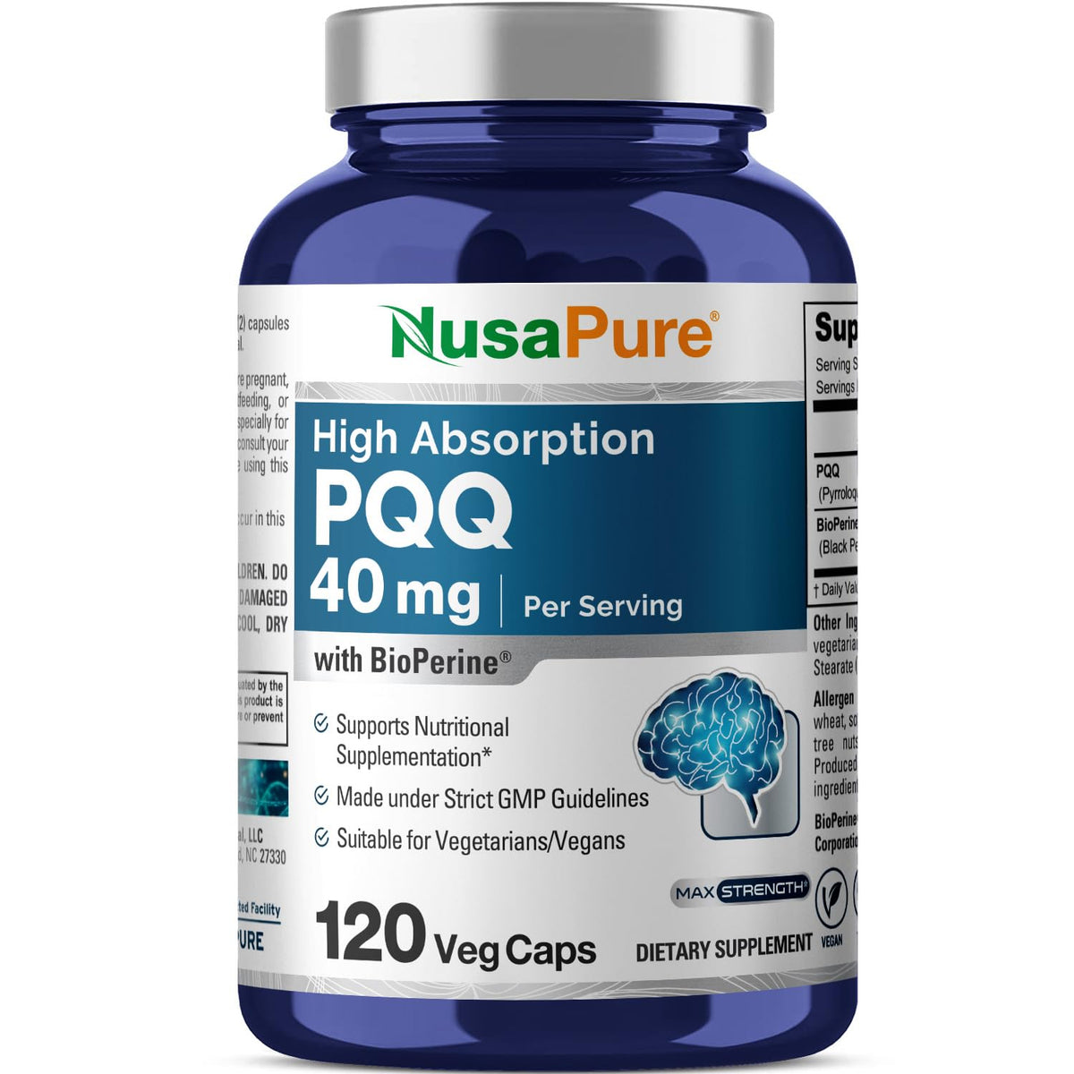NusaPure PQQ Supplement 40 mg, 120 Veggie Capsules, Non-GMO, Pyrroloquinoline Quinone Disodium Salt, Bioperine & Vegan NusaPureBuy Supplements Australia