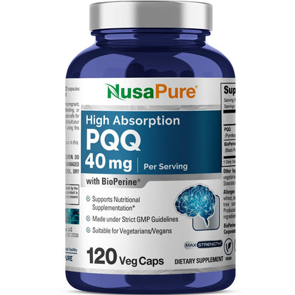NusaPure PQQ Supplement 40 mg, 120 Veggie Capsules, Non-GMO, Pyrroloquinoline Quinone Disodium Salt, Bioperine & Vegan NusaPureBuy Supplements Australia