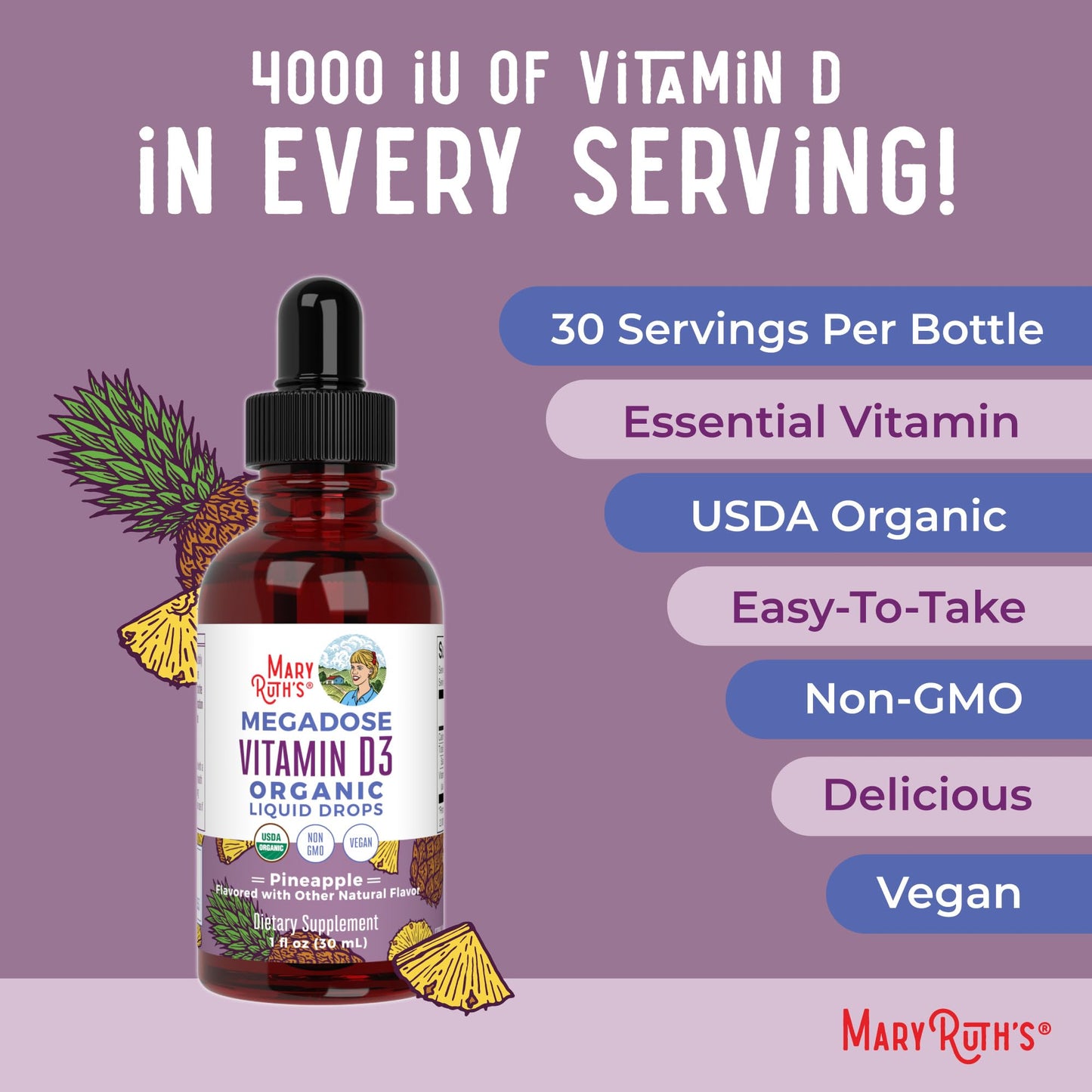 MaryRuth Organics Vitamin D3 Liquid Drops | Megadose 4000 IU | USDA Organic Liquid Vitamin D Spray for Adults & Kids | Immune Support & Bone Health | Vegan | Gluten Free | Non-GMO | 30 Servings MARYRUTH'SBuy Supplements Australia