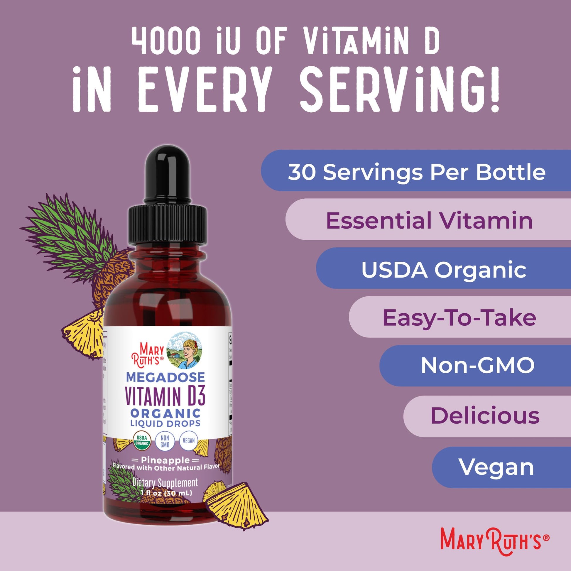 MaryRuth Organics Vitamin D3 Liquid Drops | Megadose 4000 IU | USDA Organic Liquid Vitamin D Spray for Adults & Kids | Immune Support & Bone Health | Vegan | Gluten Free | Non-GMO | 30 Servings MARYRUTH'SBuy Supplements Australia
