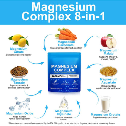 8-in-1 Magnesium Complex 90 Capsules, 1000mg with Magnesium Glycinate, Citrate, Malate, Taurate, Easy Absorption for Health, Energy, Non-GMO, Vegan ITSDAWN buy supplements Au