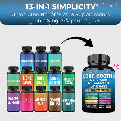 Corti-Soothe Cortisol Supplement for Women and Men with Magnesium Glycinate 200mg, L-Theanine 150mg, Phosphatidylserine 50mg & Manager Holy Basil Ginkgo Biloba Bacopa Monnieri Valerian 60 Capsules JTEVEweuBuy Supplements Australia