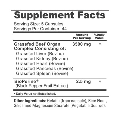 NusaPure Grass Fed Beef Organ Complex | 220 Capsules | Pasture Raised | with Desiccated Liver, Kidney, Pancreas, Heart, Spleen | Soyfree Non-GMO, Bioperine NusaPureBuy Supplements Australia