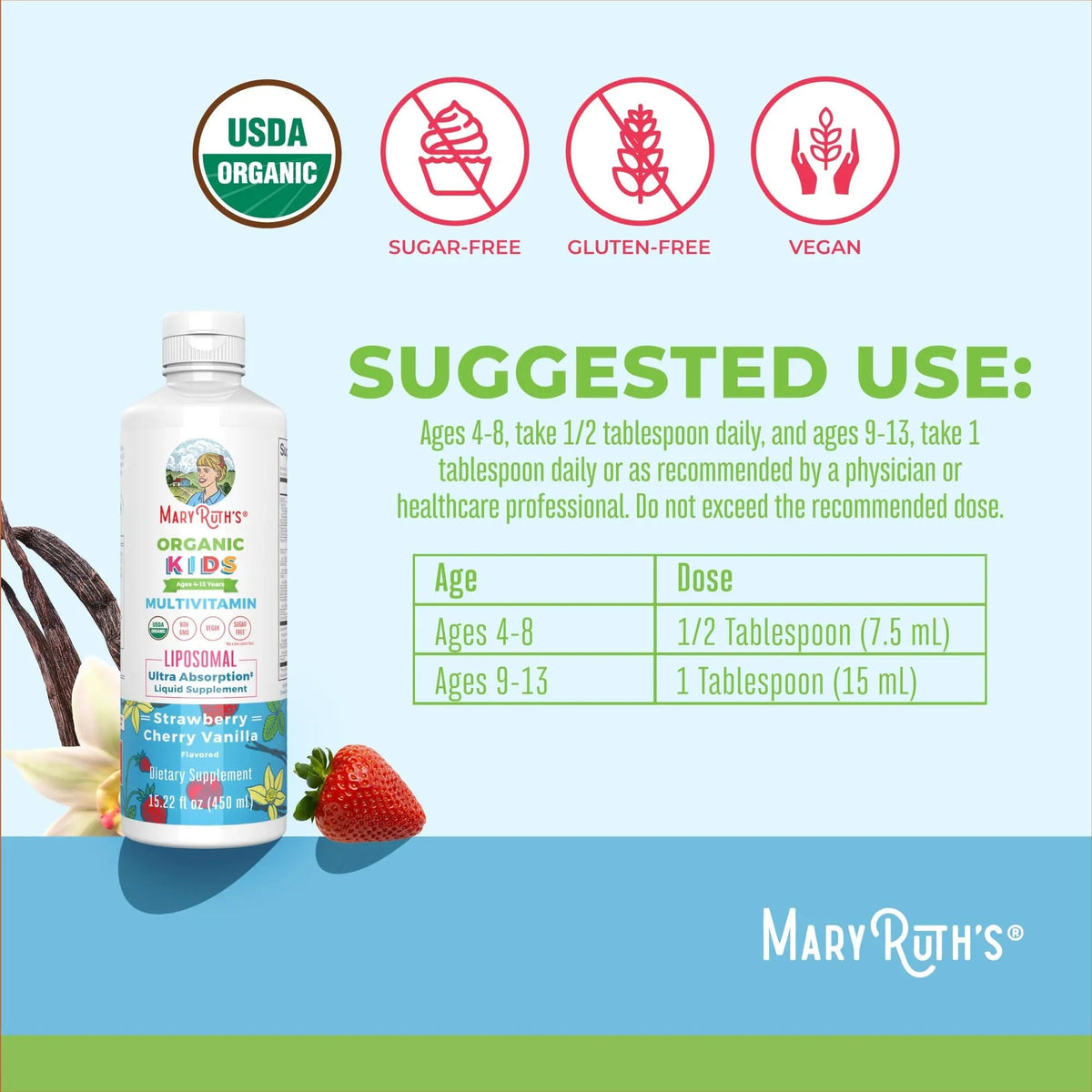 MaryRuth Organics Kids Multivitamin Liposomal (Strawberry Cherry & Vanilla) & Vitamin D3 Liposomal (Mixed Berry) Clean Label Project Verified MARYRUTH'S