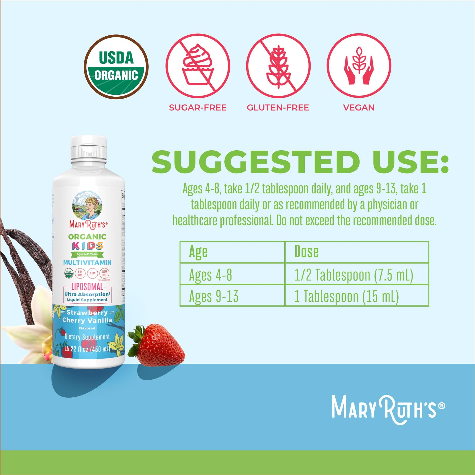 MaryRuth Organics Kids Multivitamin Liposomal | Vegan, Sugar-Free Vitamins for Kids | Ages 4+ | 2 Month Supply | 15.22 Fl Oz MARYRUTH'SBuy Supplements Australia