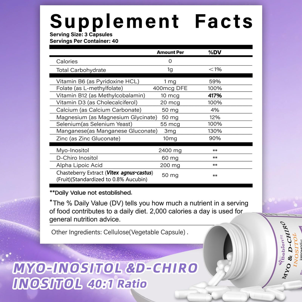 13-in-1 Myo Inositol & D-Chiro Inositol for Women PCOS,Hormonal Balance,2460mg-40:1 Ratio,Ovarian Health&Cycle Support Supplement Plus Alpha Lipoic Acid/Folate/Vitex/Magnesium/Multivitamin,120 Veg Cap Bebien fitBuy Supplements Australia