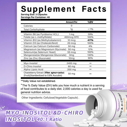 13-in-1 Myo Inositol & D-Chiro Inositol for Women PCOS,Hormonal Balance,2460mg-40:1 Ratio,Ovarian Health&Cycle Support Supplement Plus Alpha Lipoic Acid/Folate/Vitex/Magnesium/Multivitamin,120 Veg Cap Bebien fitBuy Supplements Australia