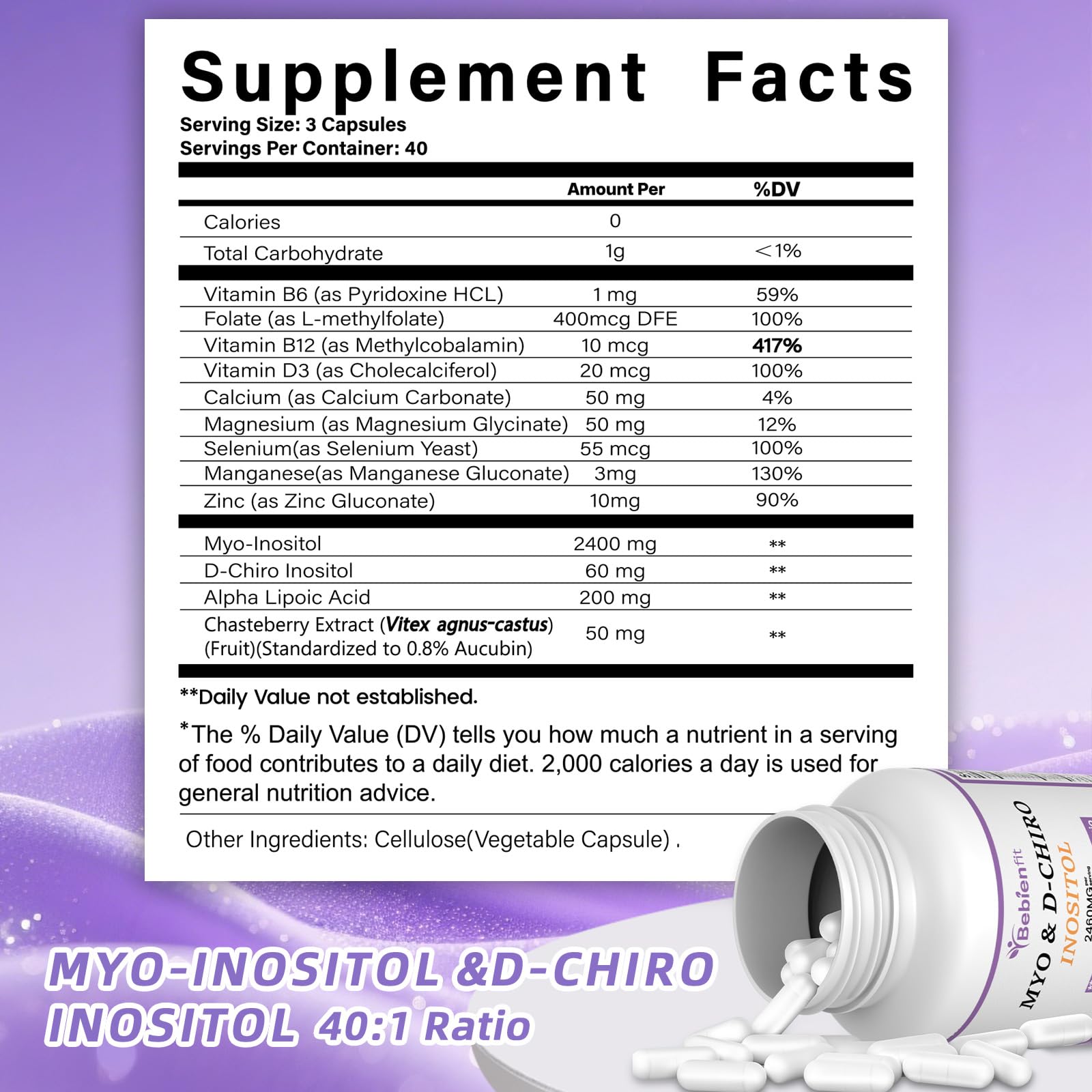 13-in-1 Myo Inositol & D-Chiro Inositol for Women PCOS,Hormonal Balance,2460mg-40:1 Ratio,Ovarian Health&Cycle Support Supplement Plus Alpha Lipoic Acid/Folate/Vitex/Magnesium/Multivitamin,120 Veg Cap Bebien fitBuy Supplements Australia