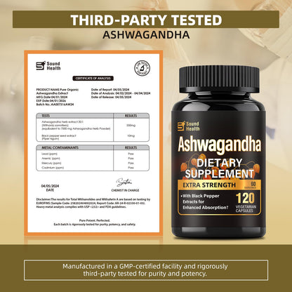 7000mg Ashwagandha Supplements Powder (20:1 Root Extract), 120 Organic Ashwagandha Capsules for Women & Men, Black Pepper & BioPerine for Absorption, Non GMO, Third-Party Tested, Gluten Free SoundHealthBuy Supplements Australia