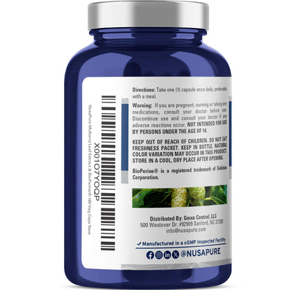 NusaPure White Mulberry Leaf Extract 10:1 Extract, 500 mg Equivalent to 5000mg 180 Veg Caps (Vegan, Non GMO Bioperine) NusaPureBuy Supplements Australia