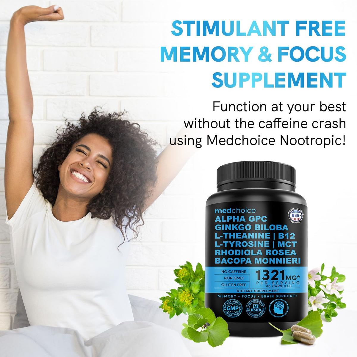 12-in-1 Nootropic Brain Supplement Anhydrous: Ginkgo Biloba for Brain Support, Memory and Focus - B12, Alpha GPC, L Theanine and Choline Supplements with Bioperine Non Caffeinated 1321mg (60ct) MEDCHOICEBuy Supplements Australia