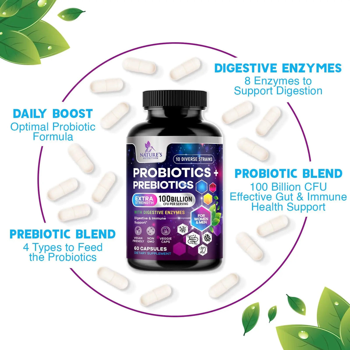 Probiotics 100 Billion CFU Per Serving - 10 Probiotic Strains & Prebiotics - Digestive Gut Health, Immune Support & Occasional Constipation, Gas & Bloating - Daily Supplement For Adults - 60 Capsules Nature's NutritionBuy Supplements Australia