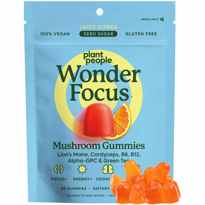 Plant People WonderFocus Mushroom Gummies with Lion’s Mane & Cordyceps - Nootropic Brain Supplement Boosts Memory, Focus, Energy & Mood in Adults | No Sugar, 100% Vegan, Citrus Flavor, 60 Count Plant PeopleBuy Supplements Australia