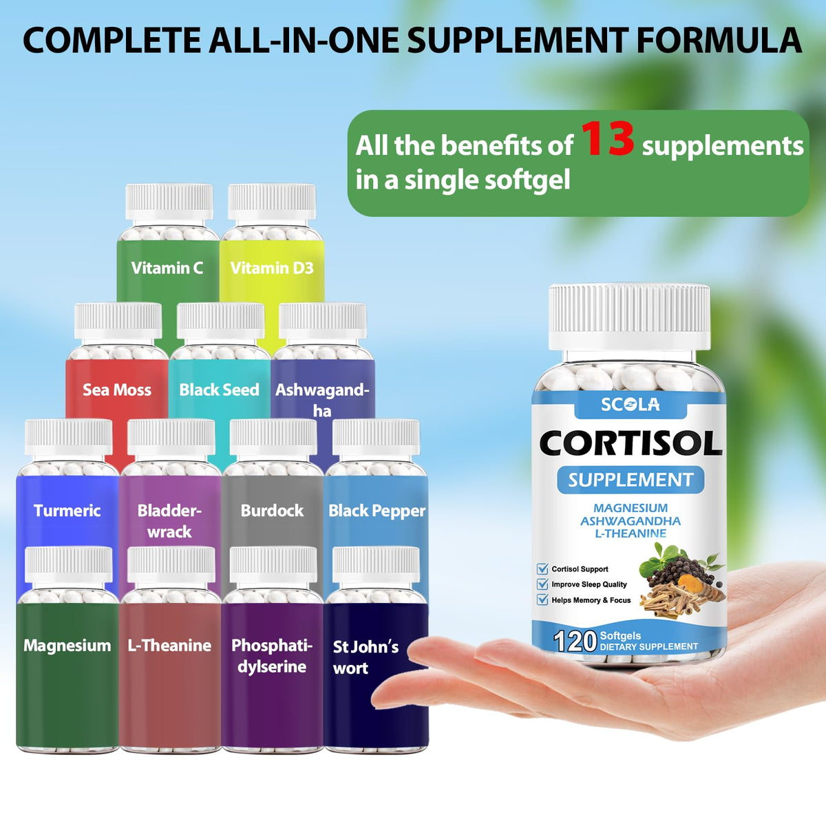 SCOLA Cortisol Supplement for Women and Men with Magnesium, Ashwagandha/L-Theanine, Cortisol Detox Manager, Cortisol Reducer Supports Relaxation & Calm, Mood, Sleep, 120 Count SCOLABuy Supplements Australia