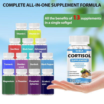 SCOLA Cortisol Supplement for Women and Men with Magnesium, Ashwagandha/L-Theanine, Cortisol Detox Manager, Cortisol Reducer Supports Relaxation & Calm, Mood, Sleep, 120 Count SCOLABuy Supplements Australia
