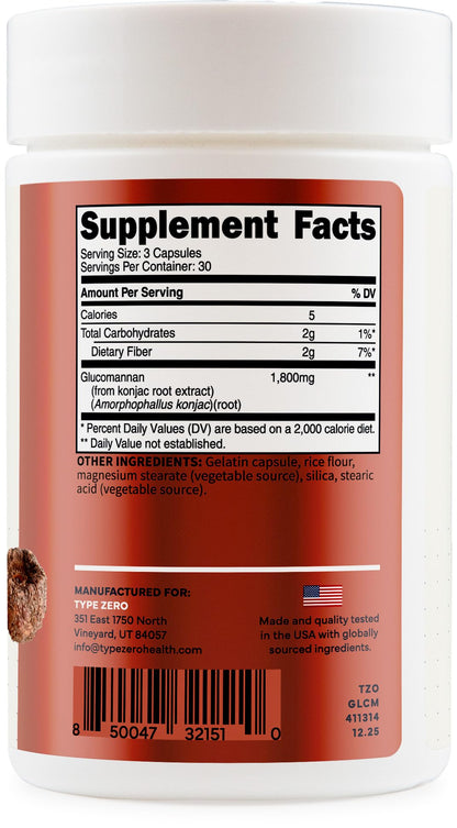 Type Zero Clean Glucomannan Konjac Root Extract (90 Capsules)(1,800 MG Per Serving) - 30 Servings, Non-GMO, Gluten Free Type ZeroBuy Supplements Australia