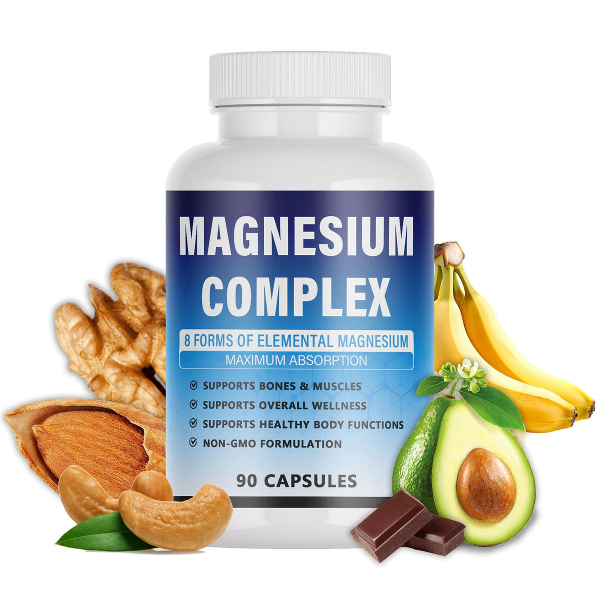 Bottle of magnesium complex supplement with health-related images on a white background