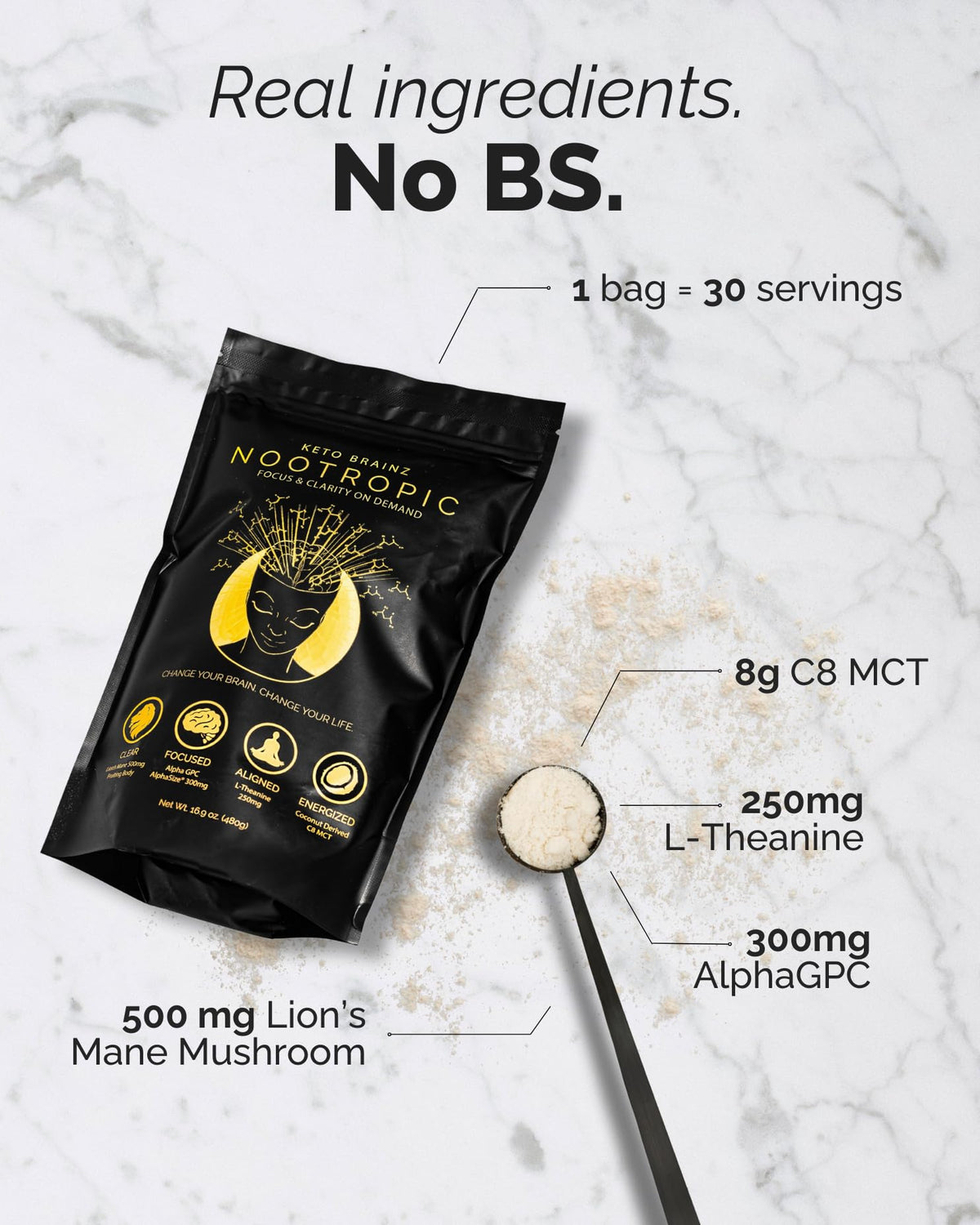 Keto Brainz C8MCT Based Nootropic - with 500mg Lion's Mane Mushroom, AlphaGPC & L-Theanine This is The Ultimate Easy to use nootropic Stack & Makes Delicious Mushroom Coffee! 16oz. 30 Servings Keto BrainzBuy Supplements Australia