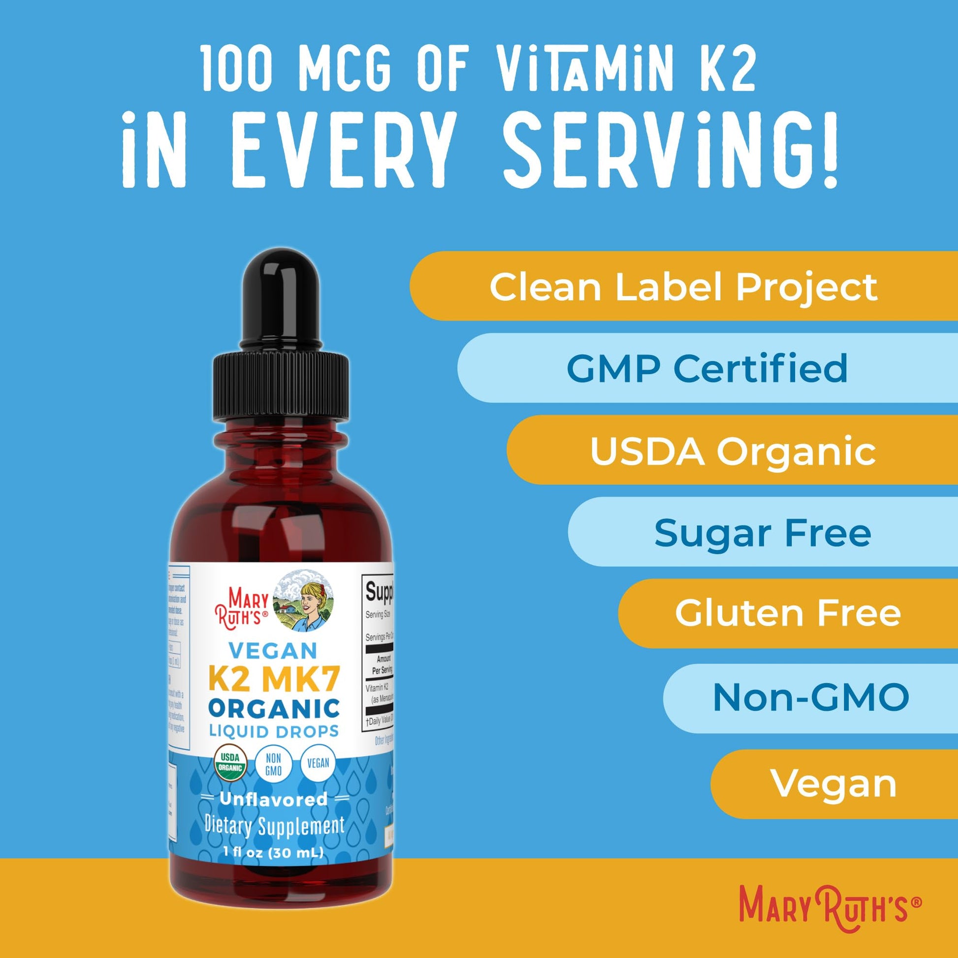 MaryRuth’s USDA Organic Vitamin K2 MK7 Liquid Drops for Adults & Kids | Sourced from Natto | Menaquinone- 7 | Vegan K2 Vitamin for Bone Health & Calcium Absorption | 1oz | Up to 90 Servings MARYRUTH'SBuy Supplements Australia