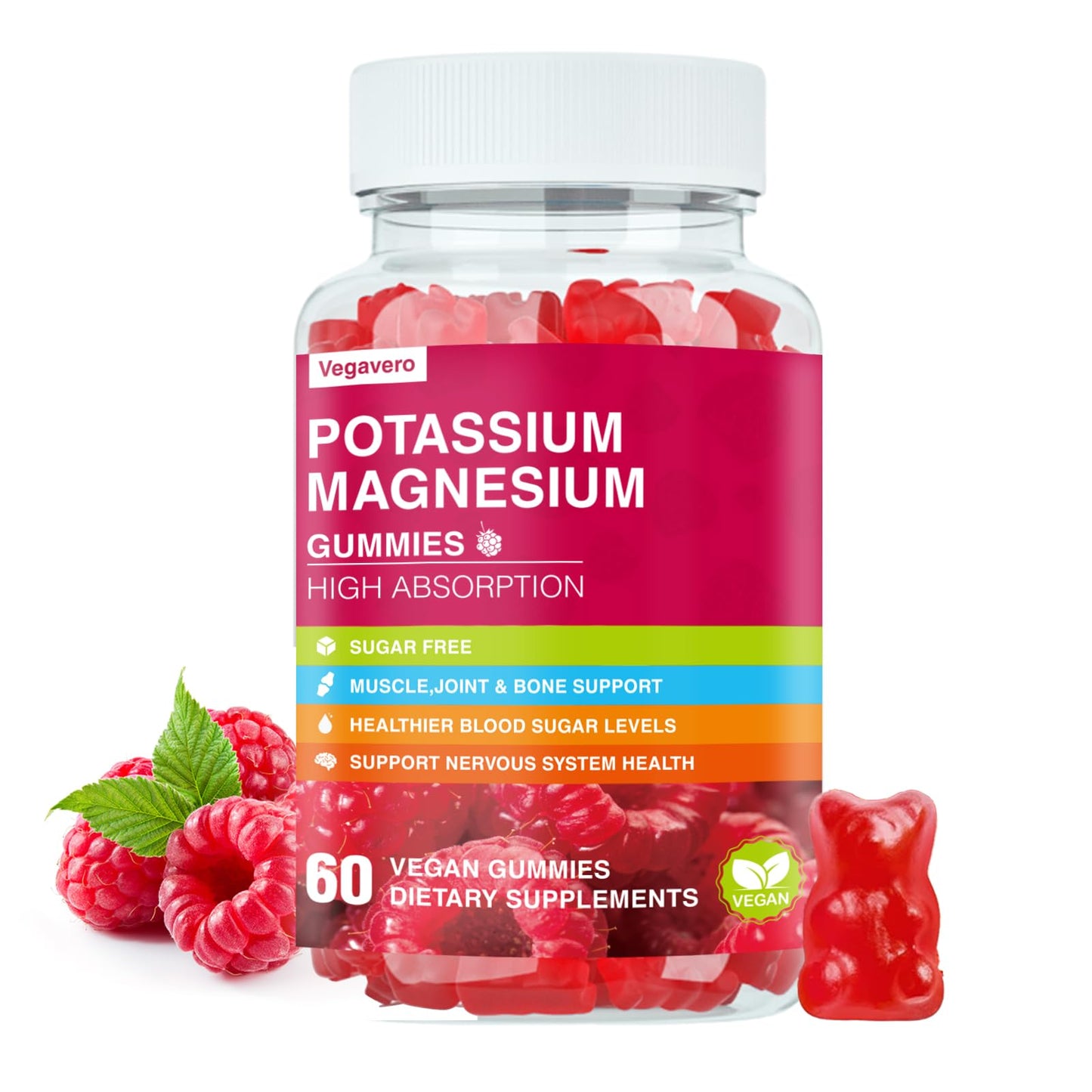 Potassium Magnesium Gummies - High Absorption Magnesium Glycinate & Potassium Citrate Plus Coenzyme Q10, DHA, D3, Mineral & Calcium for Zzz, Leg Cramps & Muscle - 60 Raspberry Gummies VegaveroBuy Supplements Australia