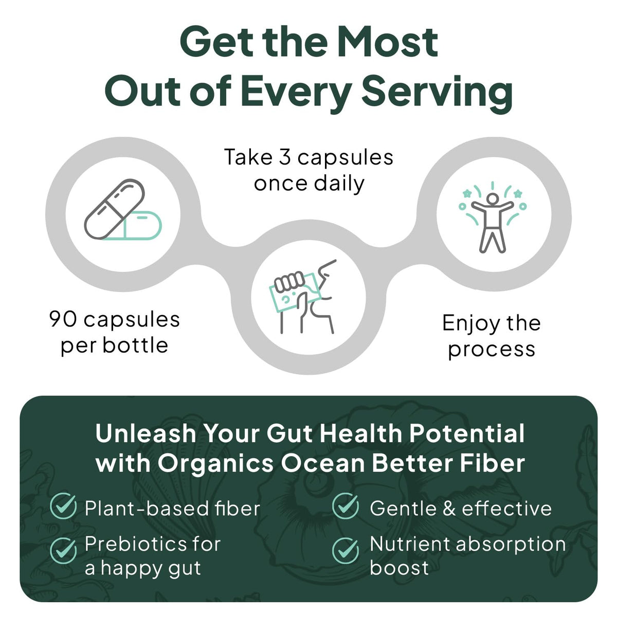 Organics Ocean Better Fiber - Daily Fiber Supplement - Soften Stool for Effortless Bowel Movements - with Psyllium Hulk and Slippery Elm - 90 Capsules