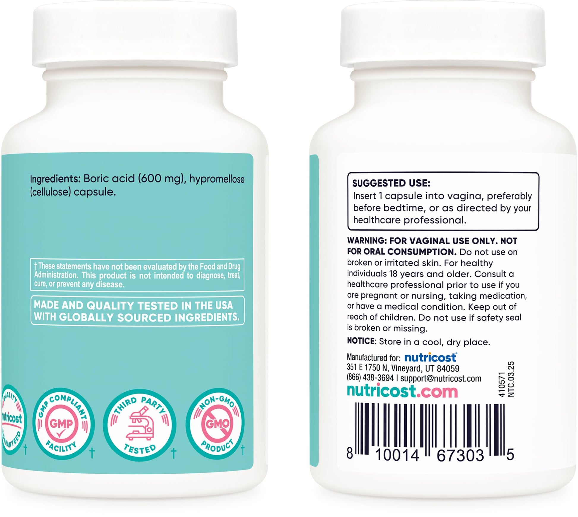 Nutricost Boric Acid 600mg, 30 Capsules - Vaginal Suppository - Non-GMO - for Women NutricostBuy Supplements Australia