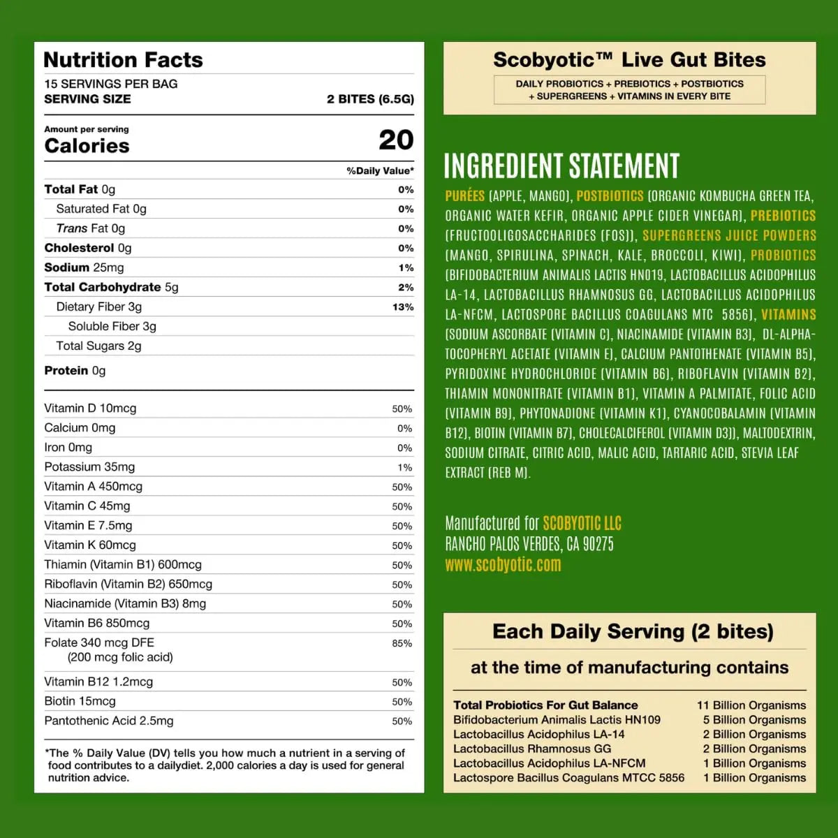 Scobyotic® Kombucha Supergreens Live Gut Bites – 10 Billion CFU Probiotics + Prebiotics & Postbiotics – Kombucha & Supergreens – Freeze-Dried Probiotic Supplement ScobyoticBuy Supplements Australia
