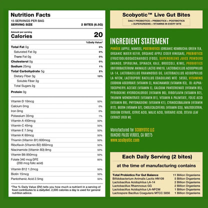 Scobyotic® Kombucha Supergreens Live Gut Bites – 10 Billion CFU Probiotics + Prebiotics & Postbiotics – Kombucha & Supergreens – Freeze-Dried Probiotic Supplement ScobyoticBuy Supplements Australia