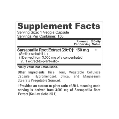 NusaPure Sarsaparilla Root 20:1 Extract - Suitable for Vegetarian/Vegan, Non - GMO - 3000 mg - 150 Capsules NusaPureBuy Supplements Australia
