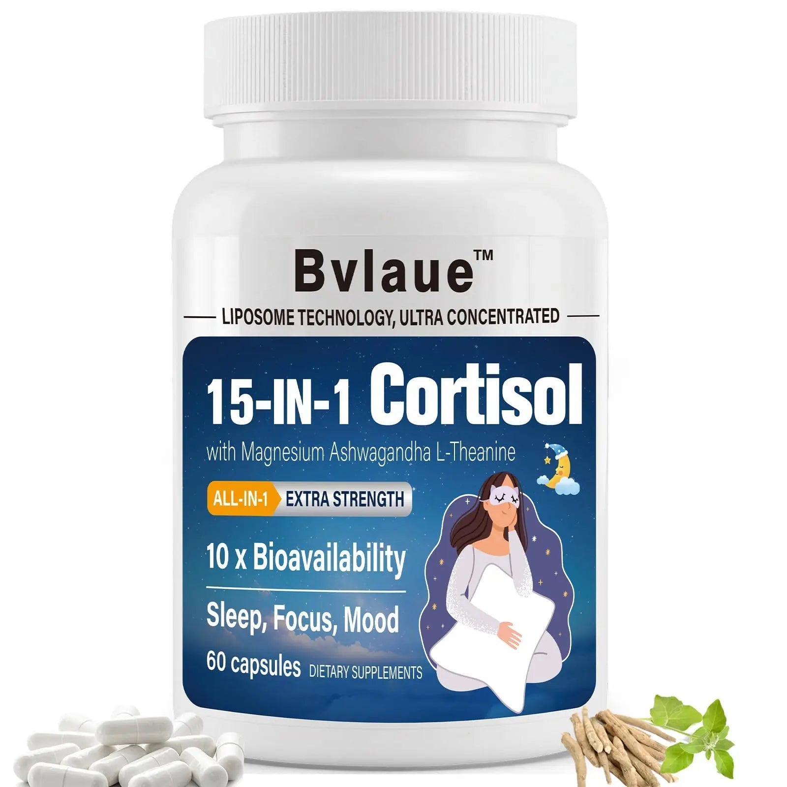 Bvlaue Cortisol Supplements for Women & Men - 15-in-1 Cortisol Reducer Manager Lower w/Ashwagandha,Magnesium,L-Theanine/Saffron Vitamin B6 & B12,60 Vegan CT for Stress Relief Sleep,Mood,Non-GMO BvlaueBuy Supplements Australia