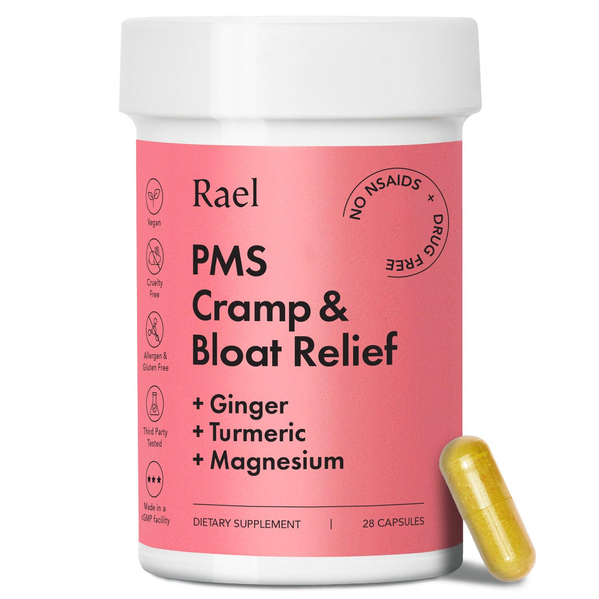 Rael PMS Supplement, Hormone Balance for Women, Relief from Menstrual Cramps with Turmeric, Ginger, Magnesium (28 Capsules) RaelBuy Supplements Australia