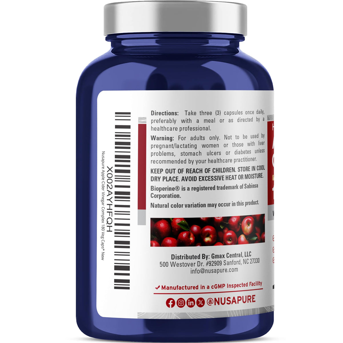 NusaPure Apple Cider Vinegar Complex 1500 mg 180 Veg Caps Suitable for Vegetarians and Vegans, Non-GMO NusaPureBuy Supplements Australia