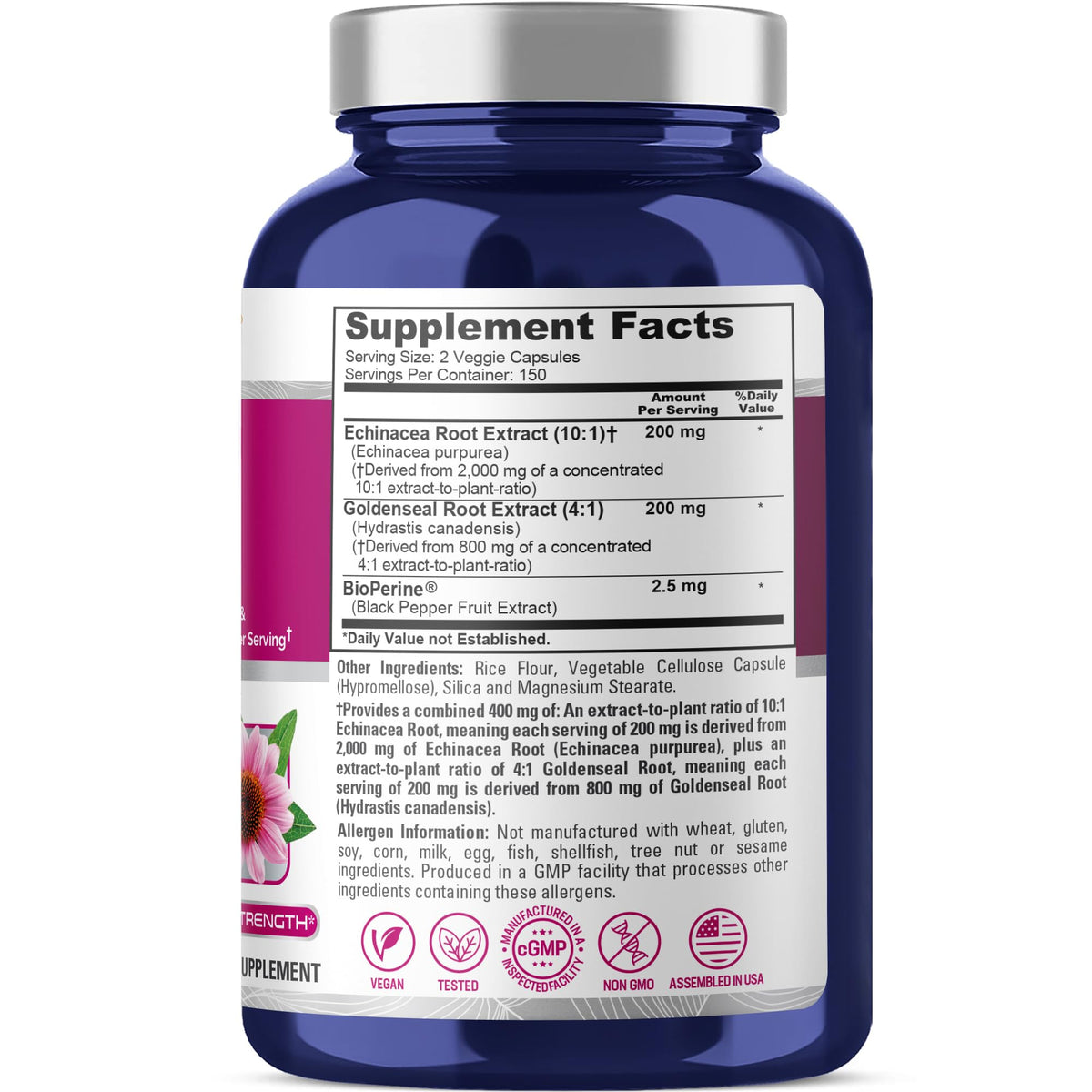 NusaPure Echinacea Goldenseal 200mg, (Extract 10:1, Equivalent to 2,000mg), 200mg, (Extract 4:1, Equivalent to 800mg) - 2800mg 300 Veggie Caps (Vegetarian, Non-GMO, Vegan) NusaPureBuy Supplements Australia