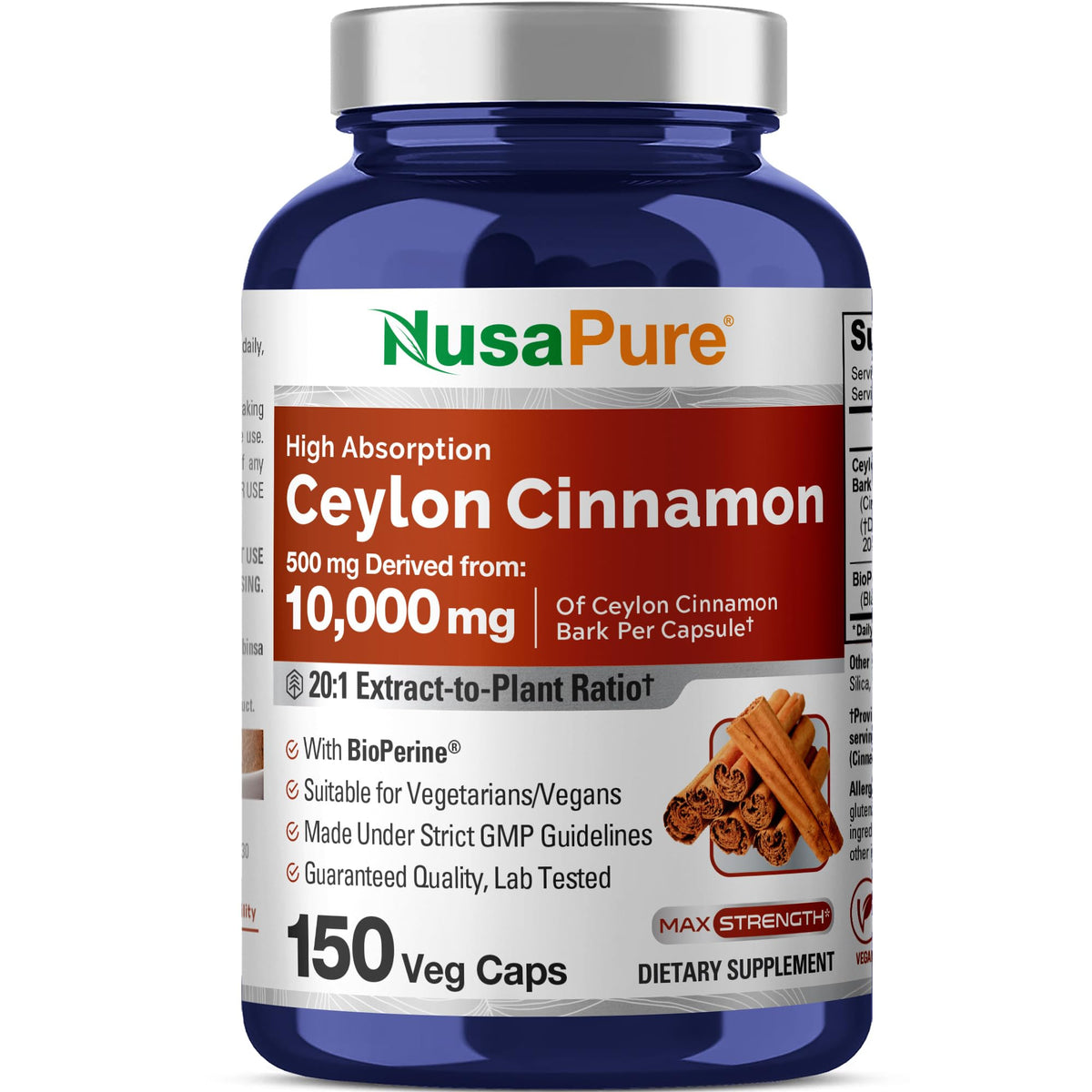 NusaPure Ceylon Cinnamon20:1 Extract, 500 mg Equivalent to 10,000 mg Per Caps | 150 Veggie Capsules | Non-GMO, Vegan with Bioperine NusaPureBuy Supplements Australia