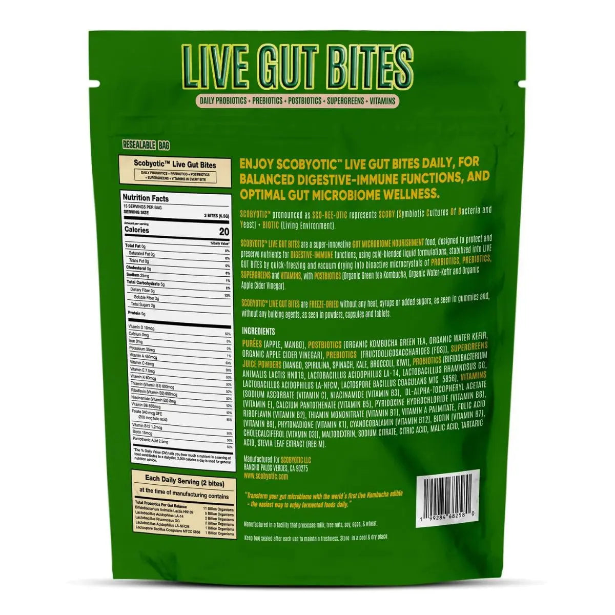 Scobyotic® Kombucha Supergreens Live Gut Bites – 10 Billion CFU Probiotics + Prebiotics & Postbiotics – Kombucha & Supergreens – Freeze-Dried Probiotic Supplement ScobyoticBuy Supplements Australia
