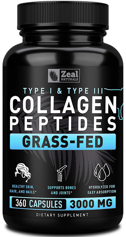 Zeal Naturals Collagen Peptides Collagen Pills (360 Capsules) Grass Fed Collagen Pepetide Powder - Hydrolyzed Collagen Powder for JointTendon SupplementHair Skin and Nails - Zeal NaturalsBuy Supplements Australia