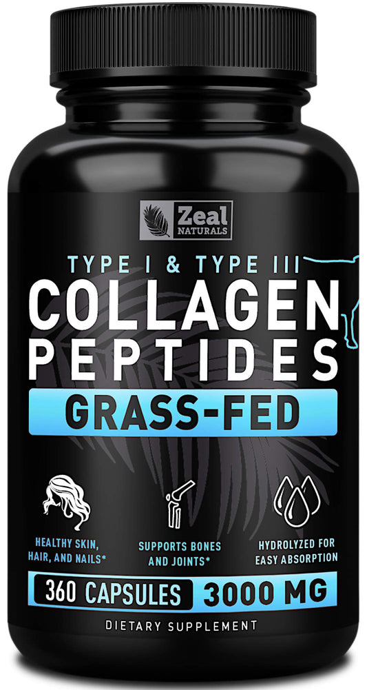 Zeal Naturals Collagen Peptides Collagen Pills (360 Capsules) Grass Fed Collagen Pepetide Powder - Hydrolyzed Collagen Powder for JointTendon SupplementHair Skin and Nails - Zeal NaturalsBuy Supplements Australia