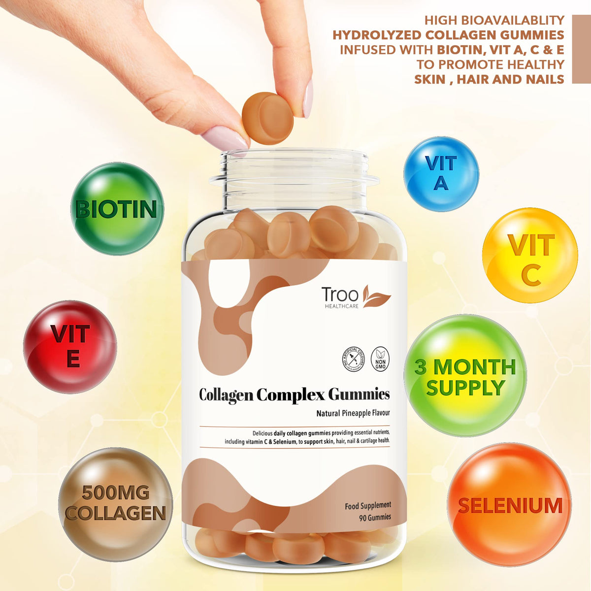 Hydrolysed Collagen Complex - 90 Natural Pineapple Flavour Chewable Gummies - One Per Day with Biotin, Vitamin C and Selenium Troo Health CareBuy Supplements Australia