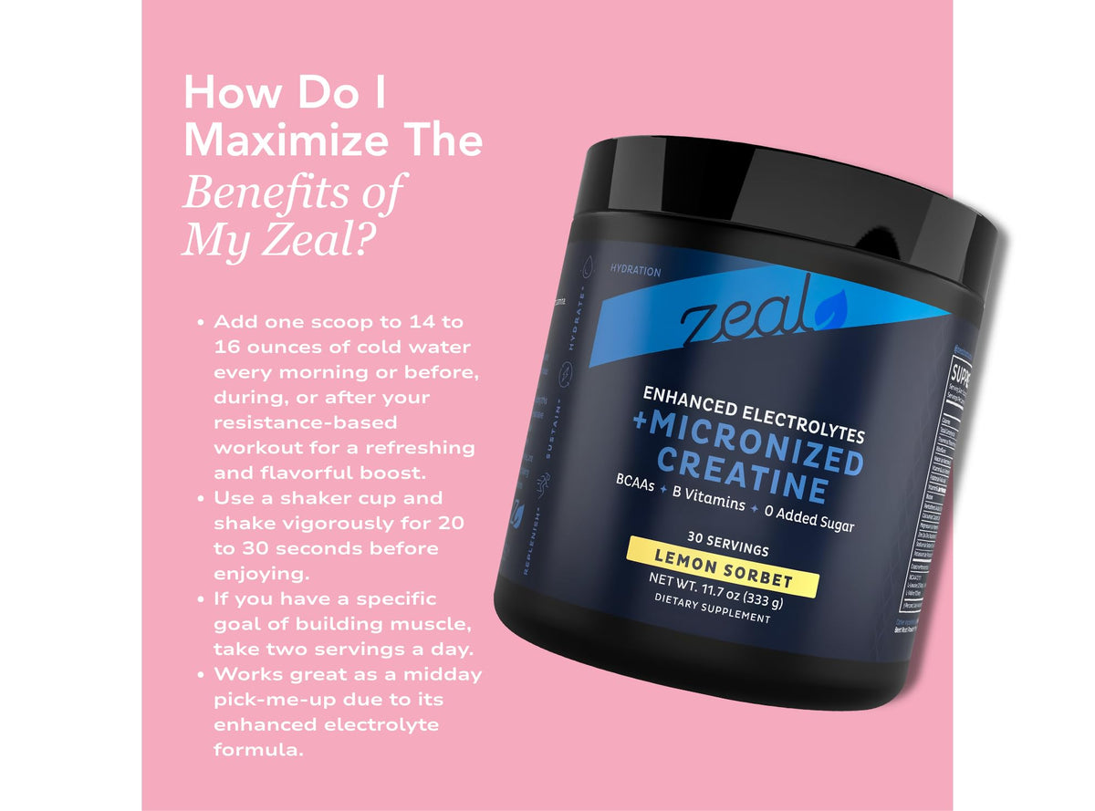 Zeal Naturals Creatine with Electrolytes & Brain Health Nootropics - 30 Servings | Women's Support for Energy, Strength, Focus, & Hydration with B Vitamins | Lemon Sorbet | Zero Sugar No Bloat Formula Zeal NaturalsBuy Supplements Australia