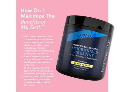 Zeal Naturals Creatine with Electrolytes & Brain Health Nootropics - 30 Servings | Women's Support for Energy, Strength, Focus, & Hydration with B Vitamins | Lemon Sorbet | Zero Sugar No Bloat Formula Zeal NaturalsBuy Supplements Australia