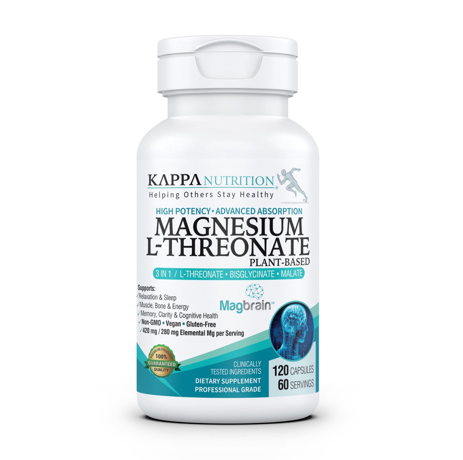 Kappa Nutrition Powered by Magbrain™ Magnesium L-Threonate Plant-Based, 420mg Elemental Magnesium (3 Capsules) from 2,253mg, 120 Vegan Capsules, Brain, Sleep & Muscle Support. KAPPA NUTRITIONBuy Supplements Australia
