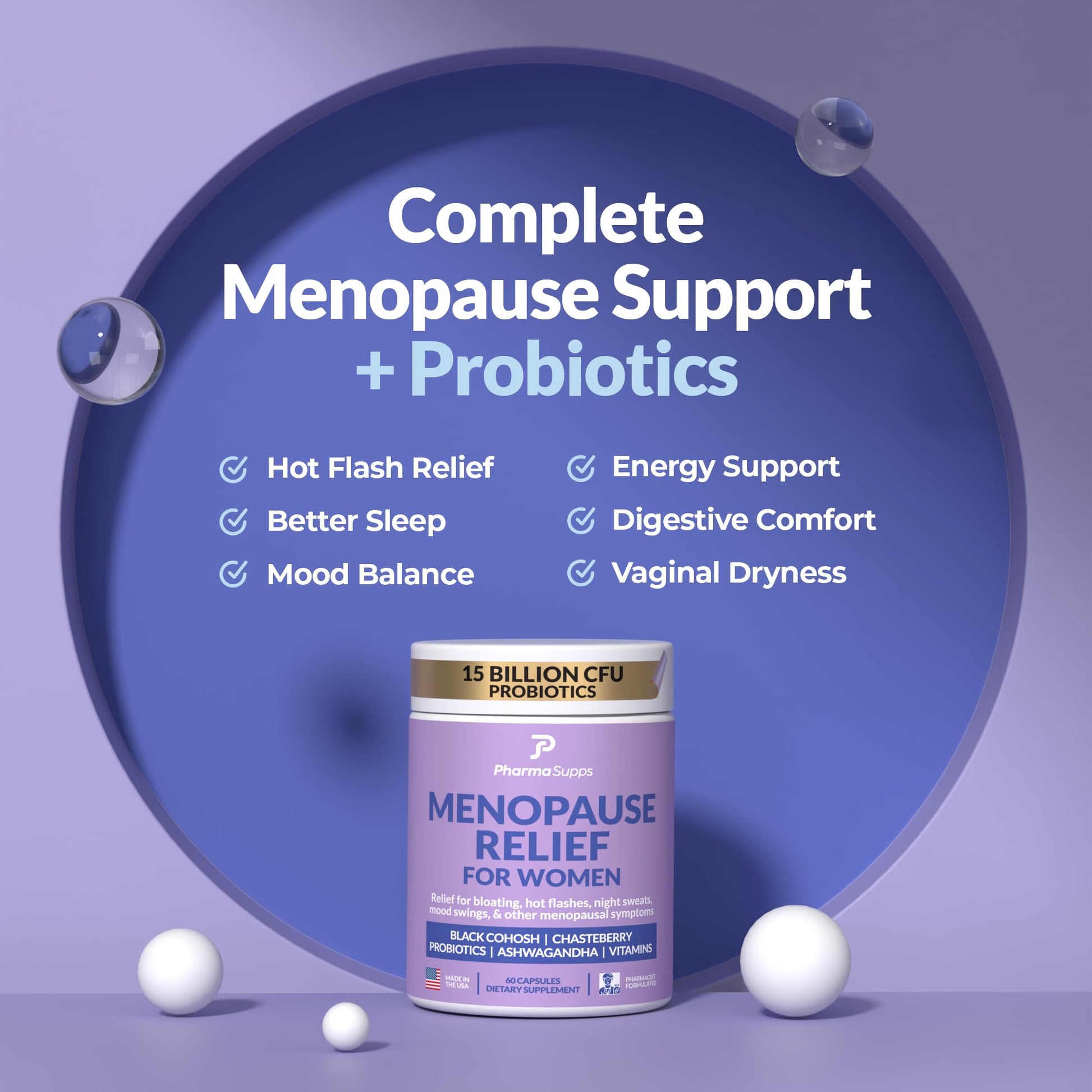 Natural Menopause Supplements for Women - Perimenopause Supplements for Hormonal Balance, Bloating & Mood Swings | Hot Flashes Menopause Relief w/Probiotics & Prebiotics, Black Cohosh & Chasteberry PharmaSuppsBuy Supplements Australia