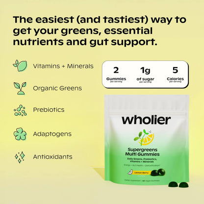 wholier Supergreens Multi Gummies, Daily Greens with Prebiotics, Fiber, Adaptogens, Plant-Based Multivitamin with 9 Essential Vitamins wholierBuy Supplements Australia