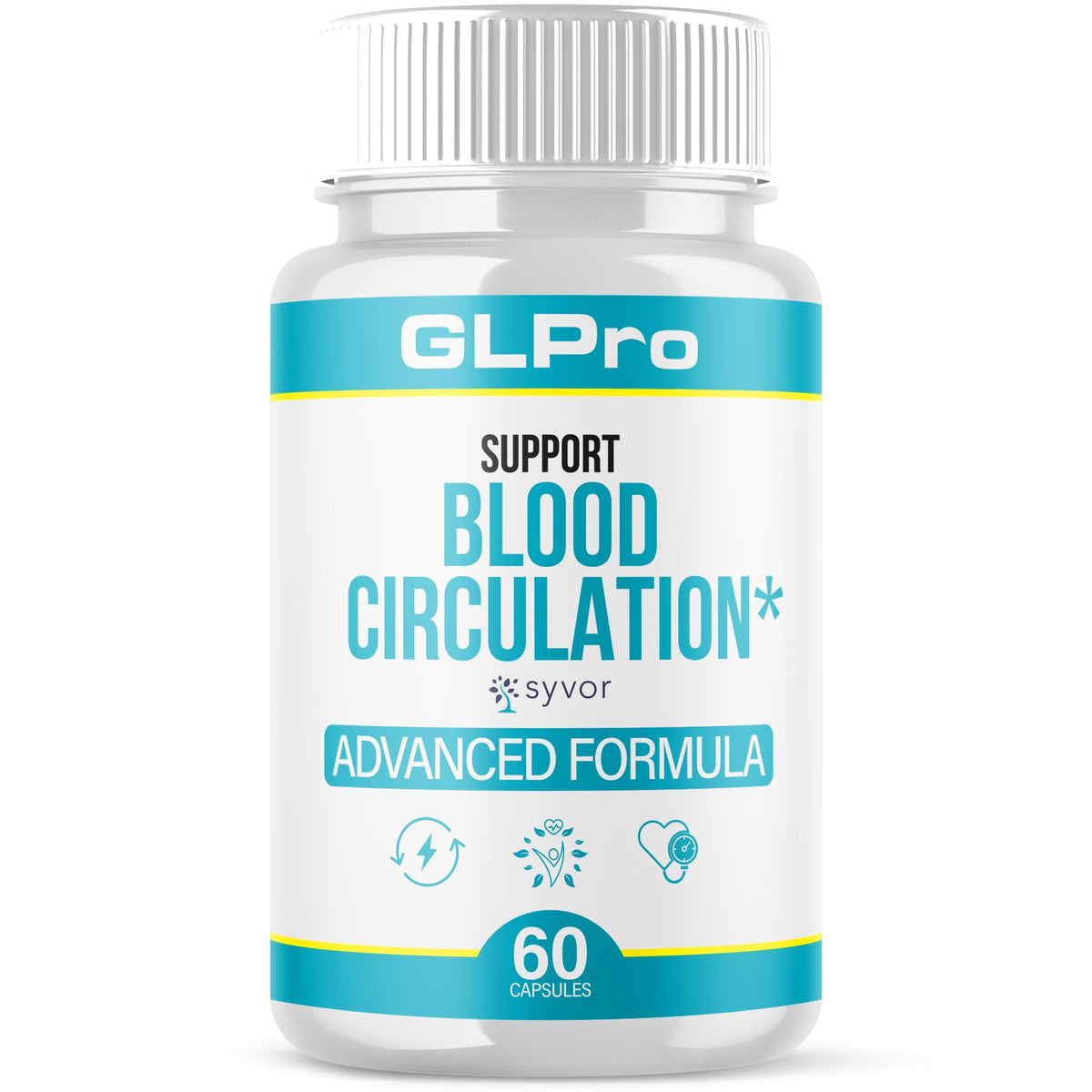 GLPro supplement bottle for blood circulation support on a white background