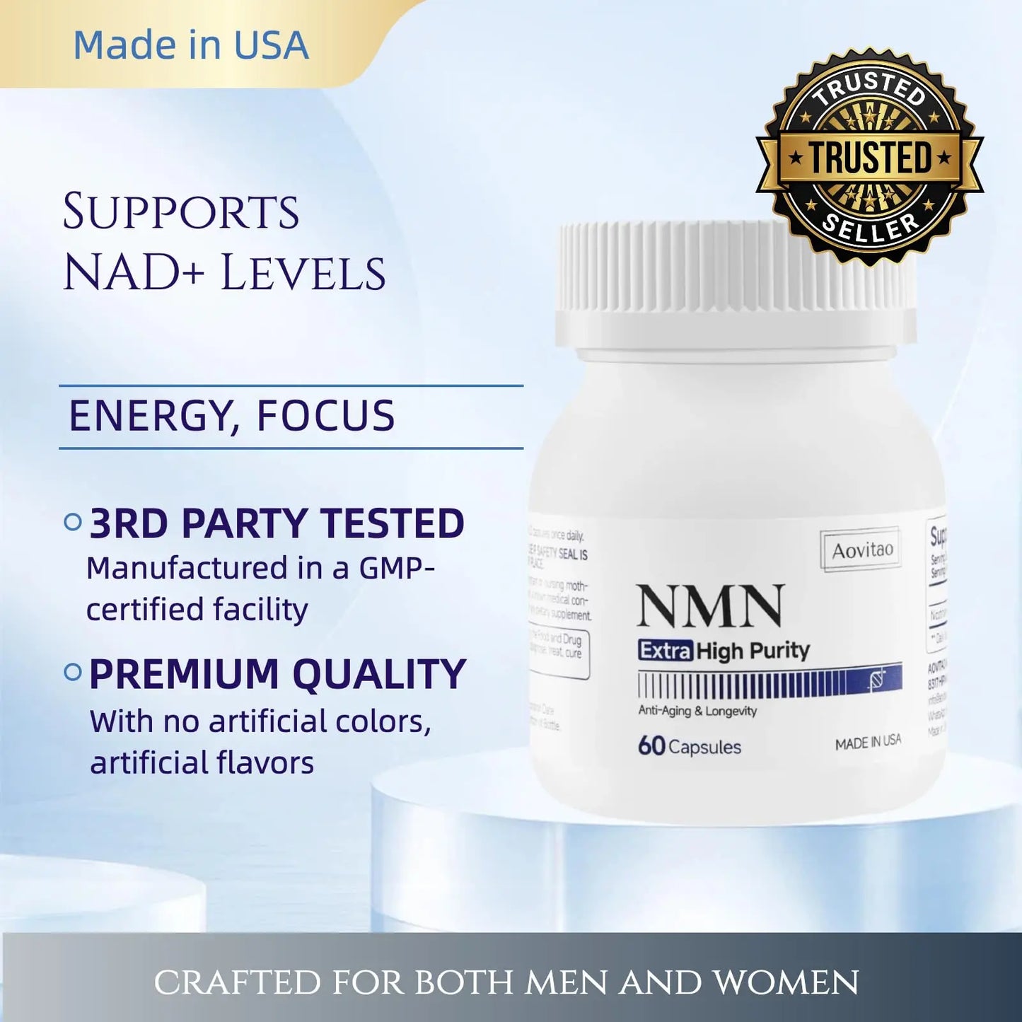 AOVITAO NMN Supplement 500mg Ultra Pure 99.8% | Stabilized Form | Supports NAD+ Production, Cellular Health & Healthy Aging | 60 Capsules AOVITAOBuy Supplements Australia