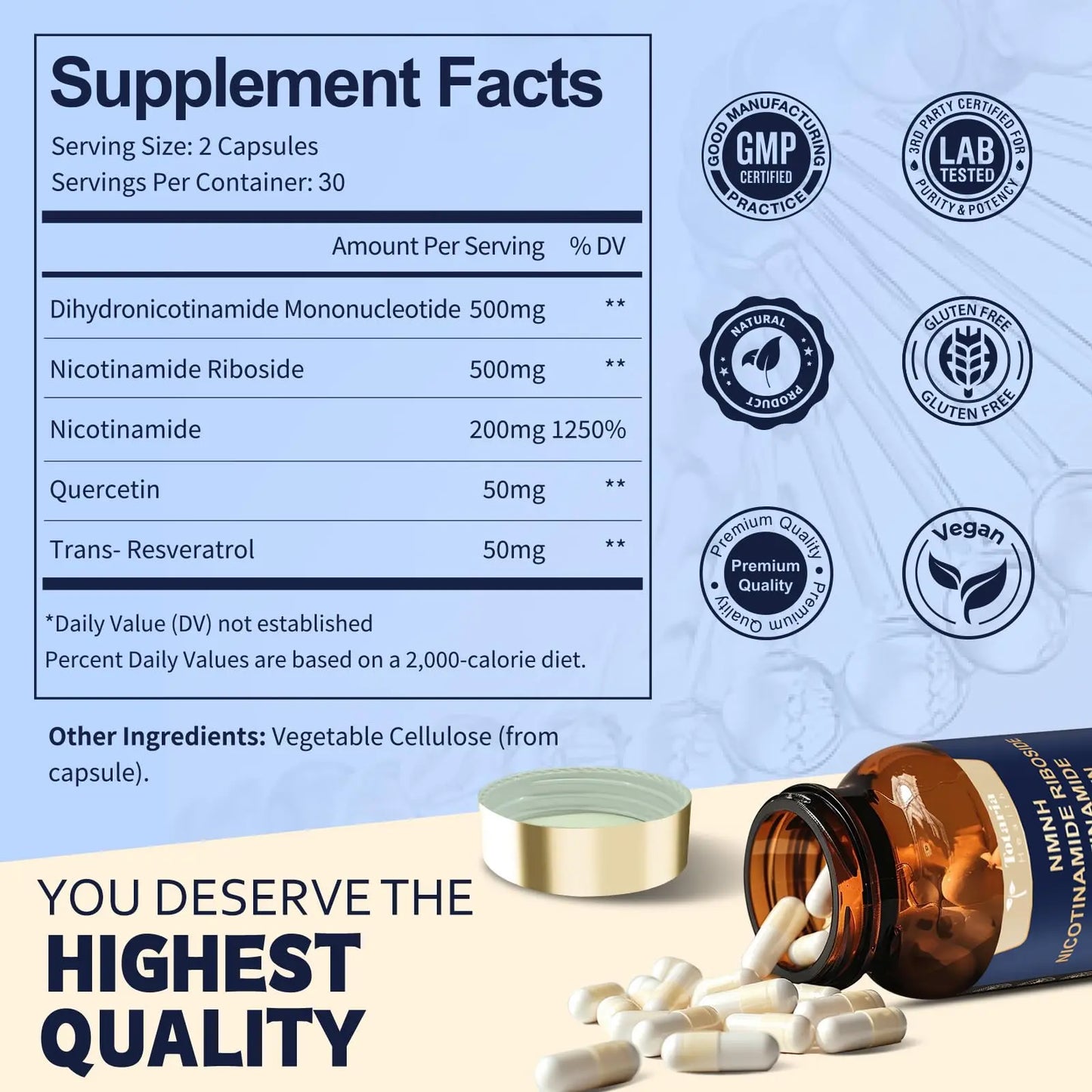 Totaria NMNH (NMN Alternative Supplement) (Dihydronicotinamide Mononucleotide) Ultra Strength, NAD+ Support w/Resveratrol & Quercetin, Ultra Absorption for Anti-Aging, Vegan, 60 Counts TotariaBuy Supplements Australia