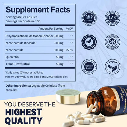 Totaria NMNH (NMN Alternative Supplement) (Dihydronicotinamide Mononucleotide) Ultra Strength, NAD+ Support w/Resveratrol & Quercetin, Ultra Absorption for Anti-Aging, Vegan, 60 Counts TotariaBuy Supplements Australia