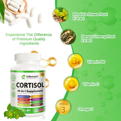 Ashenutri 10-in-1 Cortisol Supplement with Magnesium,Ashwagandha,Rhodiola Rosea,L Theanine,Hormone Balance for Women 120 Vegan Capsules AshenutriBuy Supplements Australia