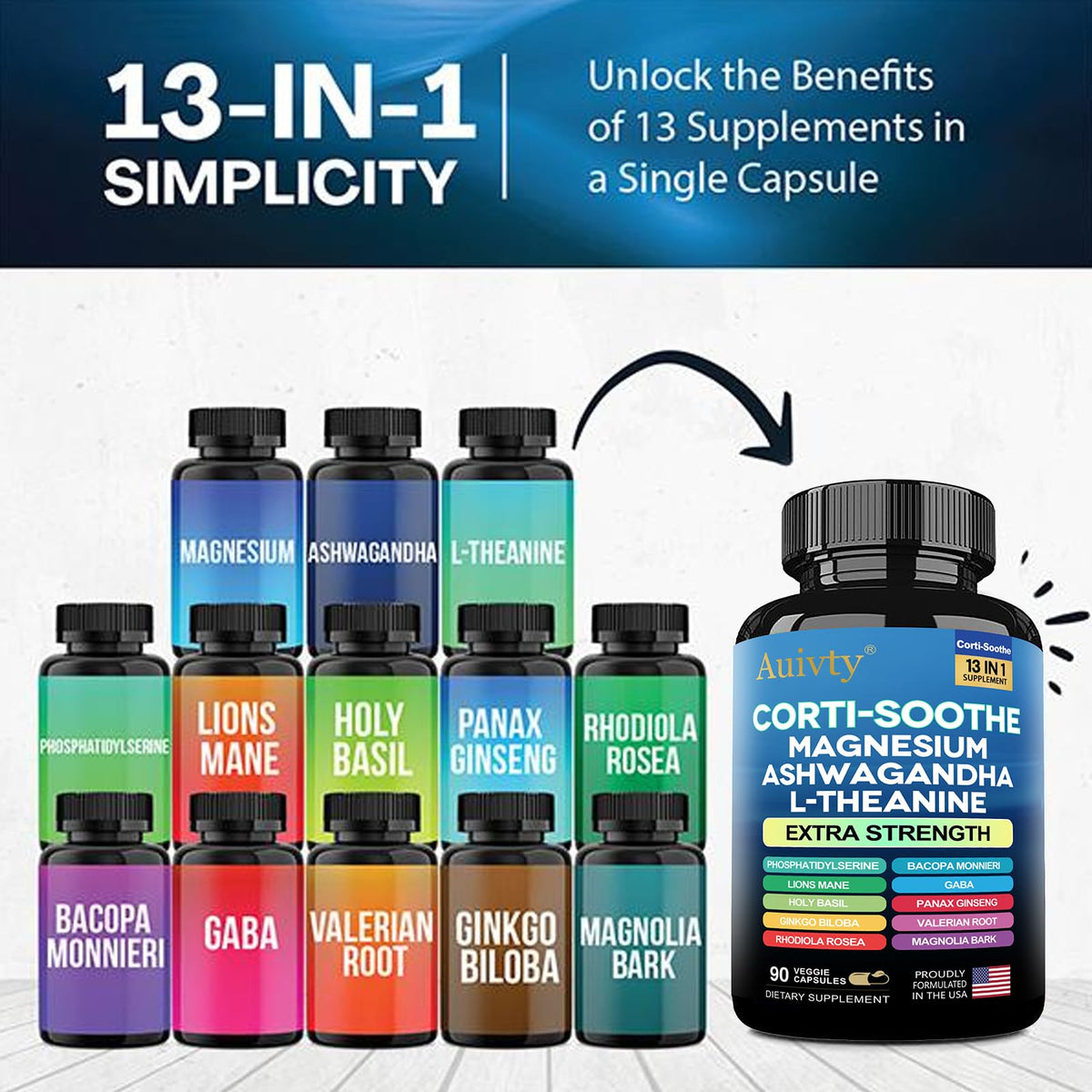 Auivty Cortisol Manager & Adrenal Support - Cortisol Reducer for Stress Relief, Calm & Sleep - 13-in-1 Adaptogen with Ashwagandha & Magnesium - 180 Capsules (2-Pack) AuivtyBuy Supplements Australia