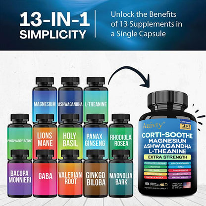 Auivty Cortisol Manager & Adrenal Support - Cortisol Reducer for Stress Relief, Calm & Sleep - 13-in-1 Adaptogen with Ashwagandha & Magnesium - 180 Capsules (2-Pack) AuivtyBuy Supplements Australia